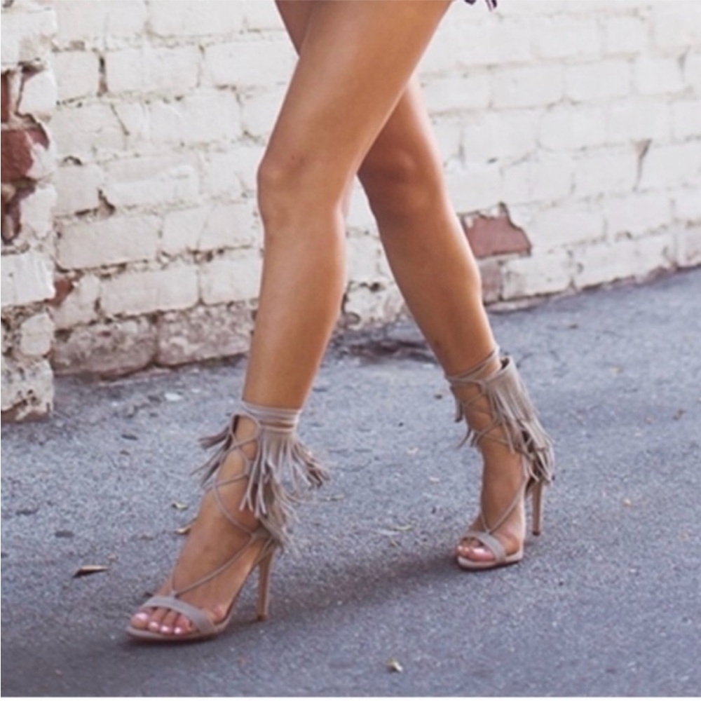 Shultz kagi Fringed Gray/Beige Lace Up Heels - Picture 16 of 16